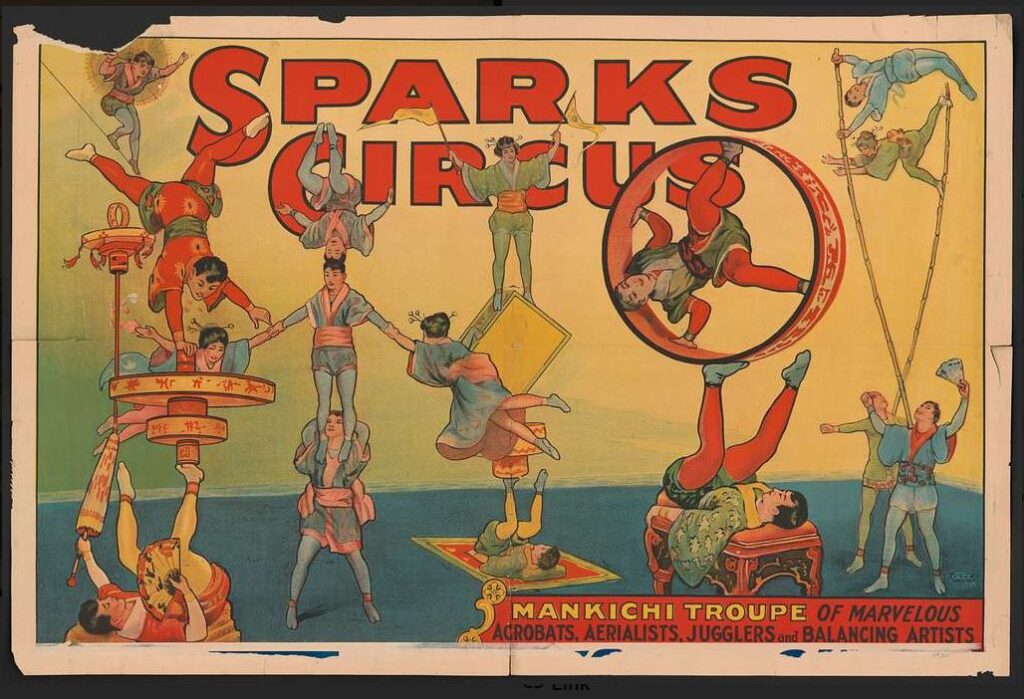 Affiche du Sparks Circus, illustrant le numéro de seize acrobates.