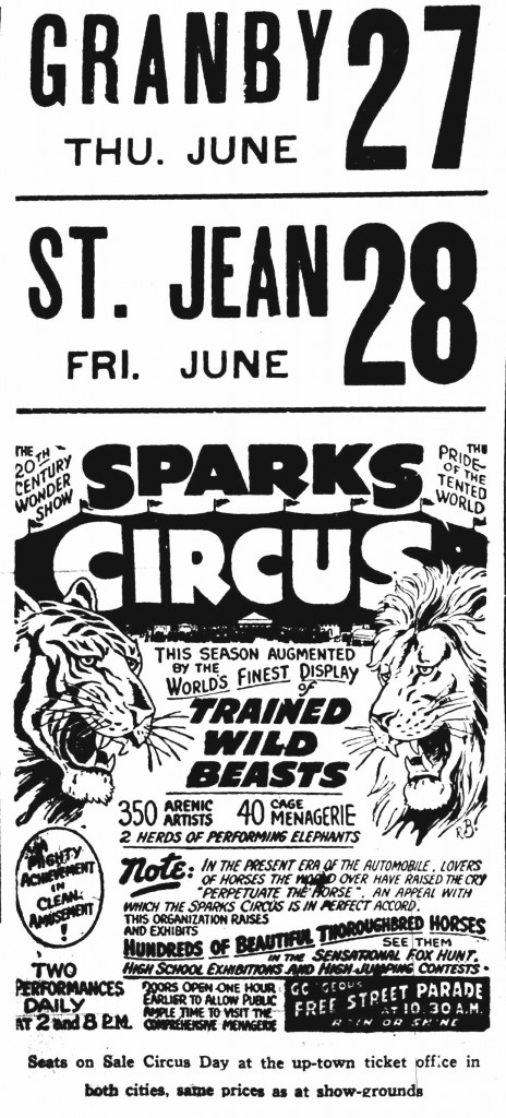 En 1929, le Sparks Circus présente un tout nouveau spectacle (The Granby Leader-Mail, 21 juin 1929, p. 6)