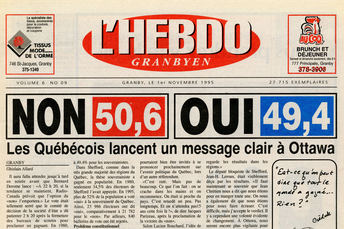 L'Hebdo Granbyen, 1er novembre 1995, p. 1. (Société d'histoire de la Haute-Yamaska, collection de journaux)